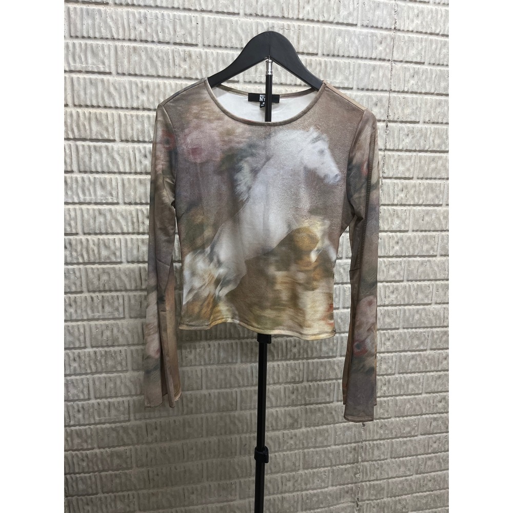 Madden NYC Womens Horse Graphic Mesh Bell Sleeve Top Egret Multi NT899AB Size M